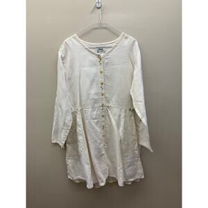 FLAX Jeanne Engelhart Linen Dress | Size M | Ivory Button Front Embroidered